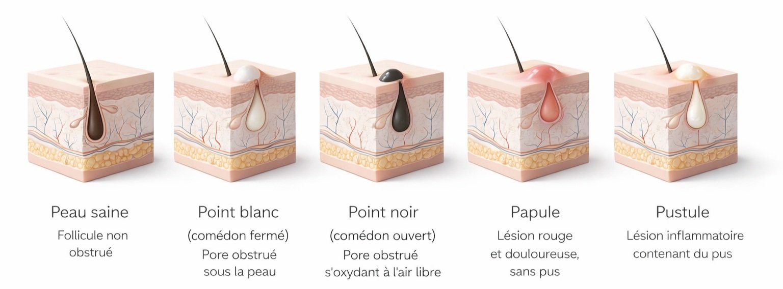 Schéma médical illustrant les différents types d’acné : peau saine, comédon fermé, comédon ouvert et papule.