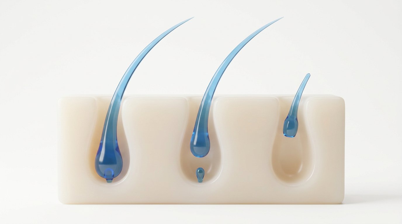 Schéma du cycle du poil en trois phases, anagène, catagène et télogène, coupe de peau en rendu 3D, guide épilation laser du Dr Samson