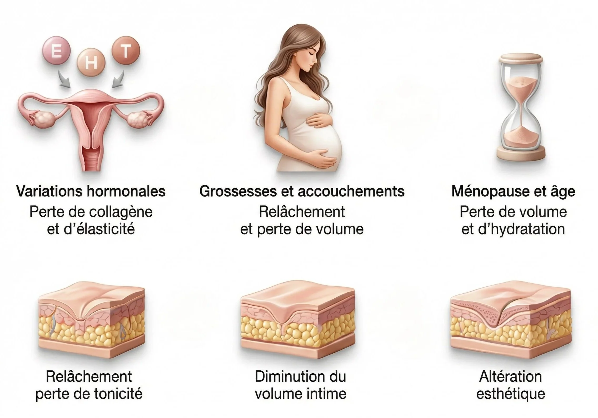 Illustration des changements hormonaux, grossesse, ménopause, et leur impact sur la peau, le volume et la tonicité.