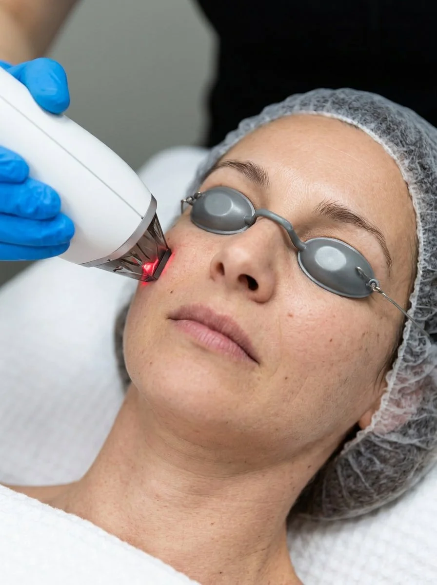 Séance de laser MOXI en cabinet médical avec protection oculaire, Dr Samson Évian-les-Bains