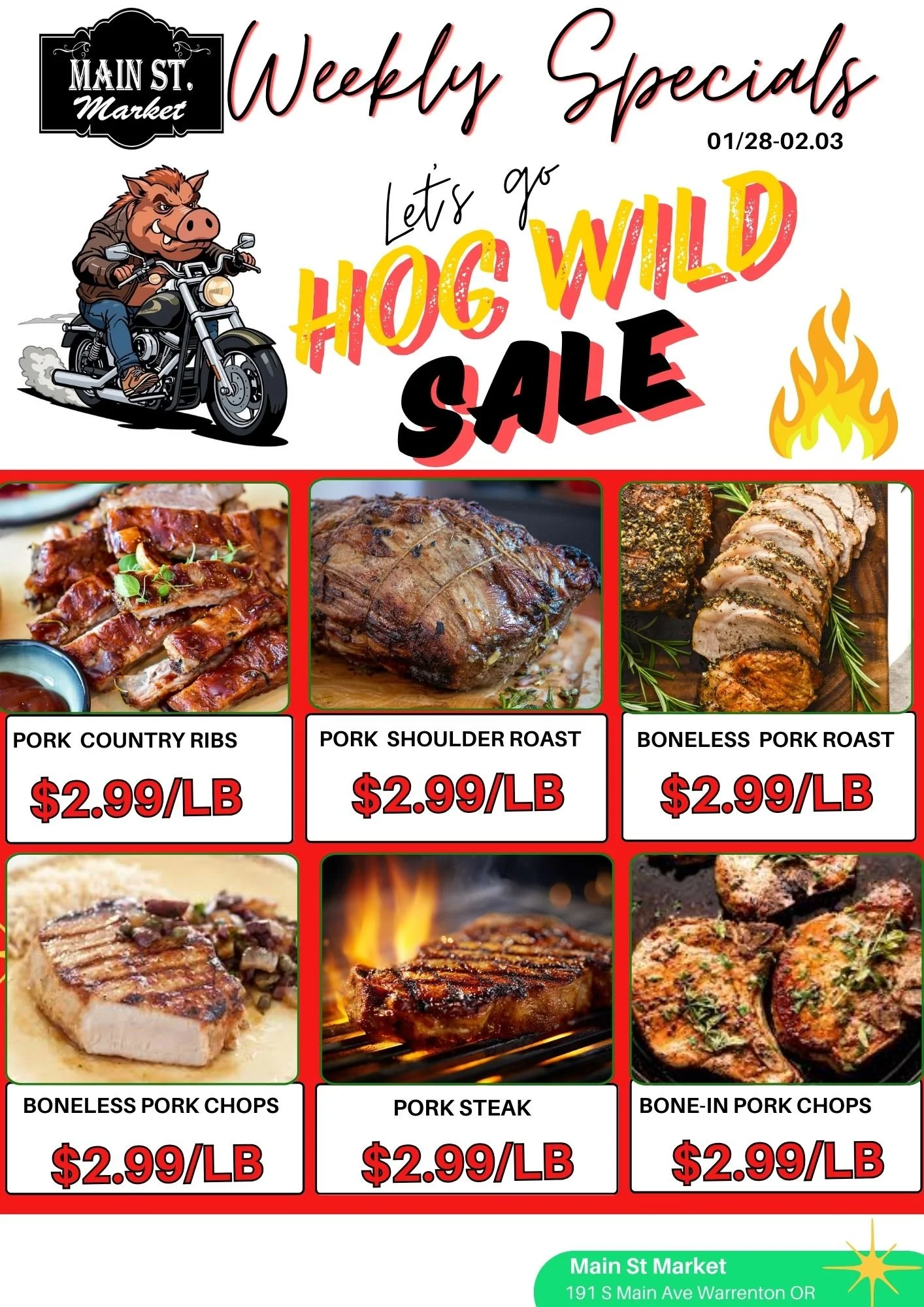 Weekly specials flyer from Main St Market advertising a hog wild sale from January 28 to February 3. Features pig-headed character riding a motorcycle and offers various pork meats at $2.99 per pound, including pork country ribs, pork shoulder roast, boneless pork roast, boneless pork chops, pork steak, and bone-in pork chops.