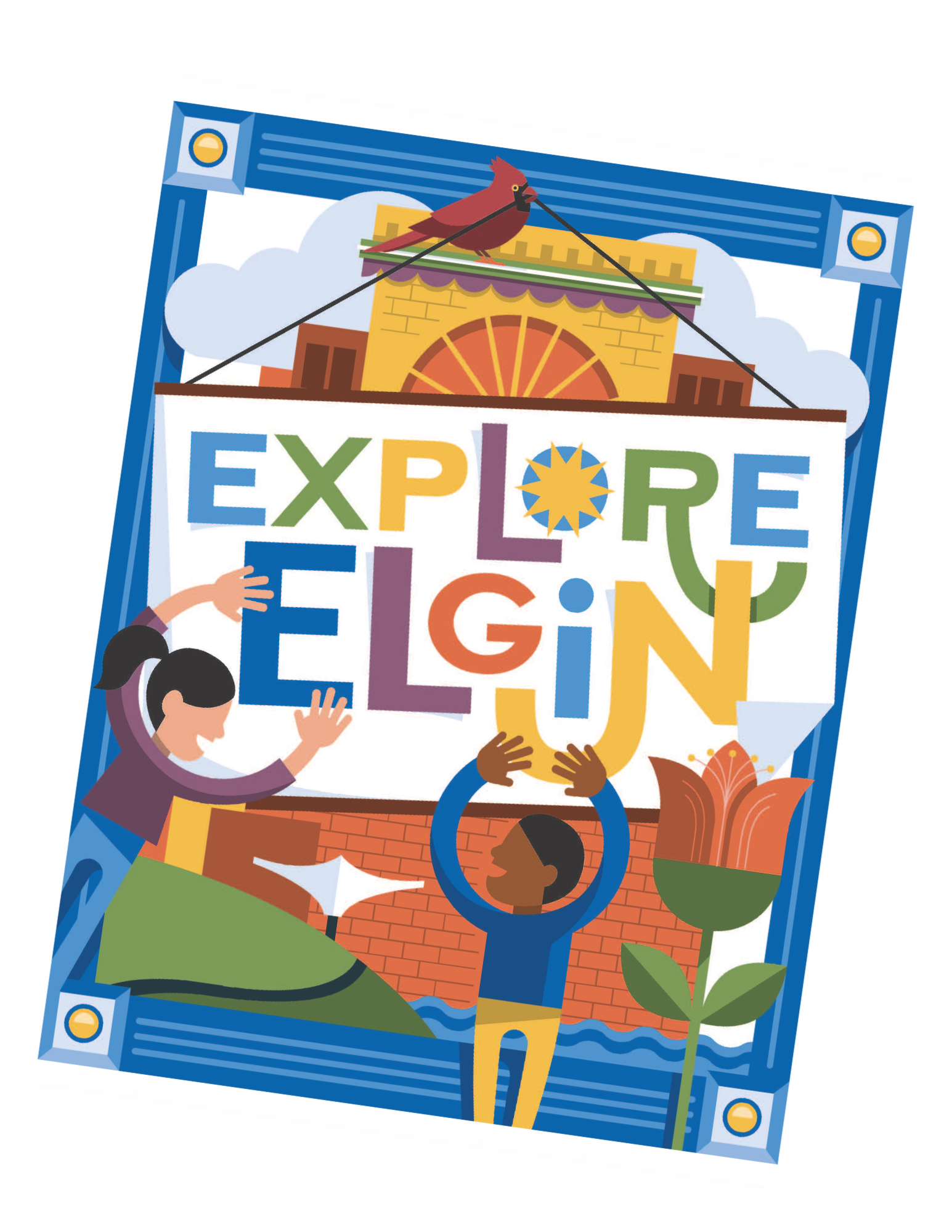 Colorful illustration of children holding a sign that says 'Explore & Enjoy', with a bird on top and a large flower on the right.