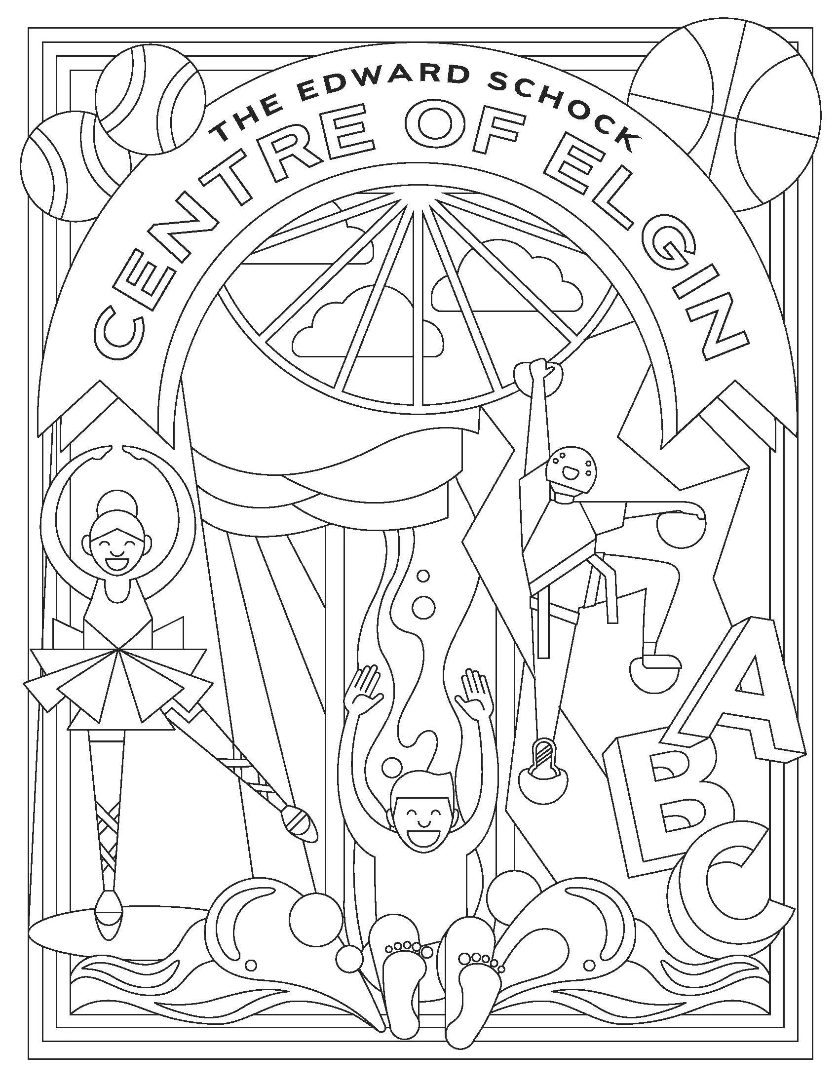 Black and white coloring page featuring a celebration scene with children, a clock, and school-related items for 'Center of Education' at The Edward Shock.