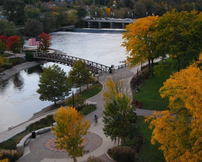 Over head image of Fox River walking paths by Walton Island