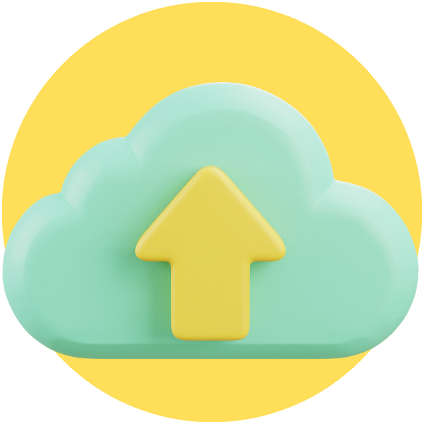 A mint green cloud icon with a yellow upward arrow in the center, set against a yellow circular background.