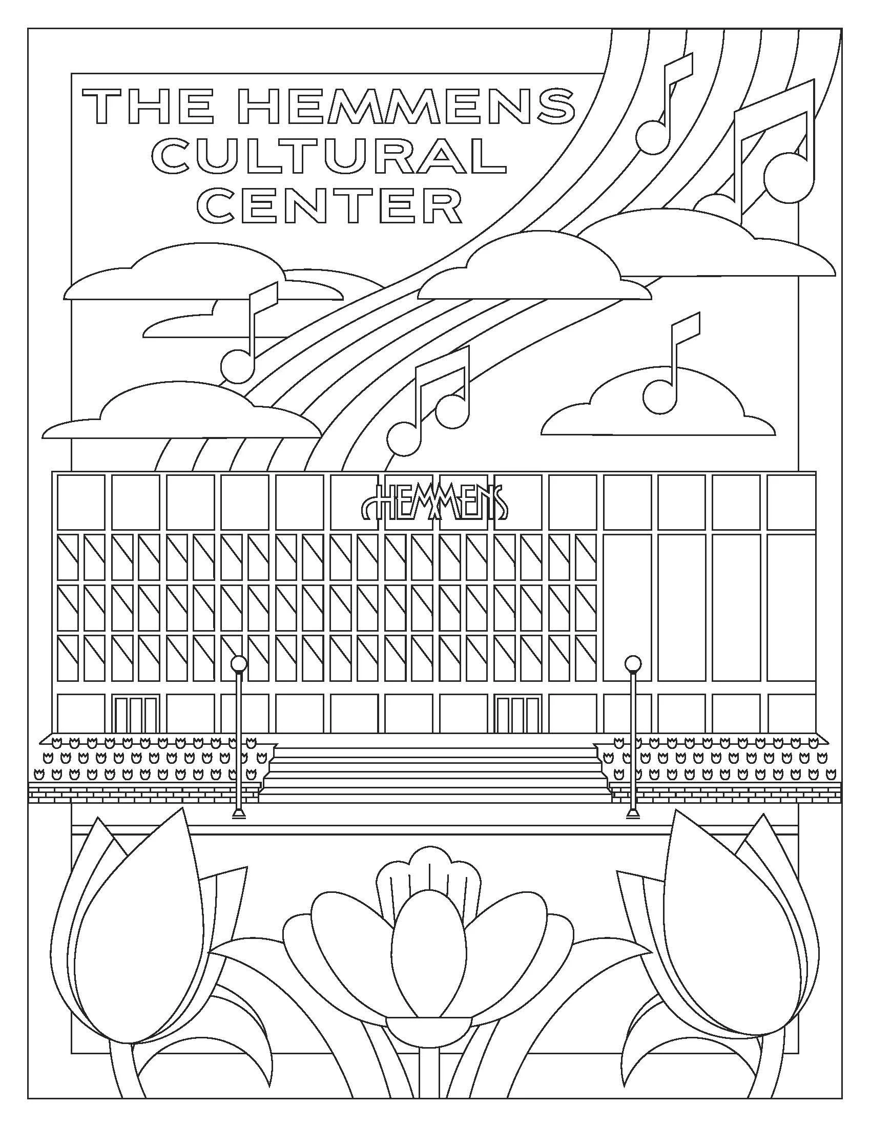 Outline of a coloring page of The Hemmens Cultural Center with clouds, musical notes, and flowers.