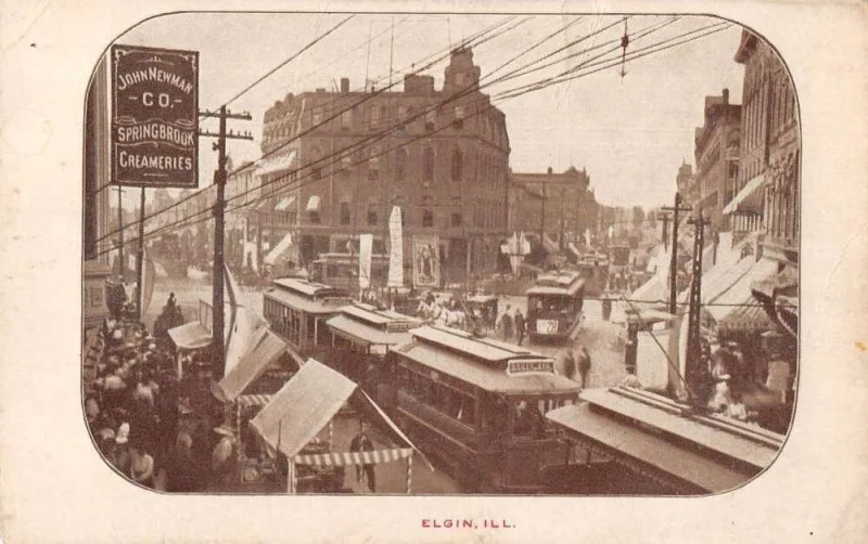 Elgin Illinois Busy Street Scene Trolleys Creamery Ad Butter Postcard
