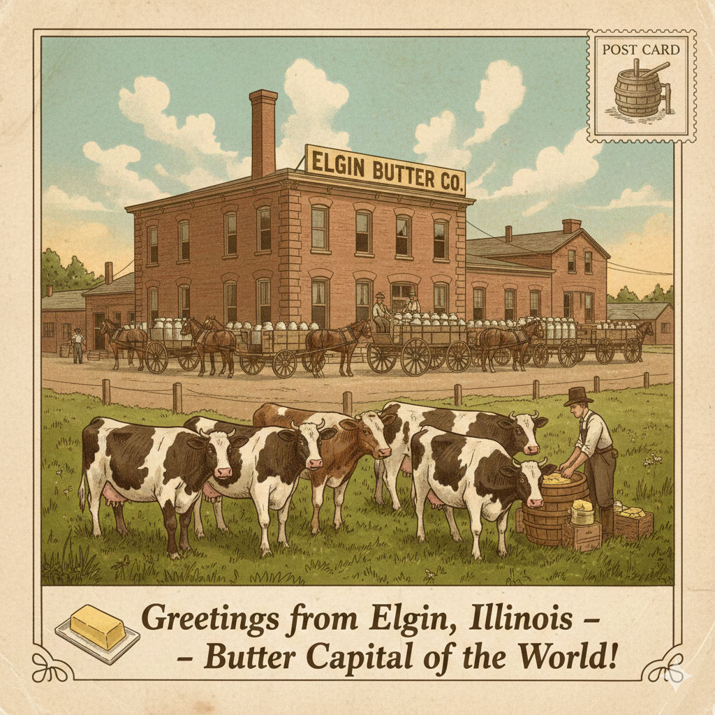A vintage postcard illustration of a dairy factory labeled Elgin Butter Co. in Elgin, Illinois, with horse-drawn wagons loaded with dairy products parked outside. In the foreground, a man in early 20th-century attire is milking cows in a field.