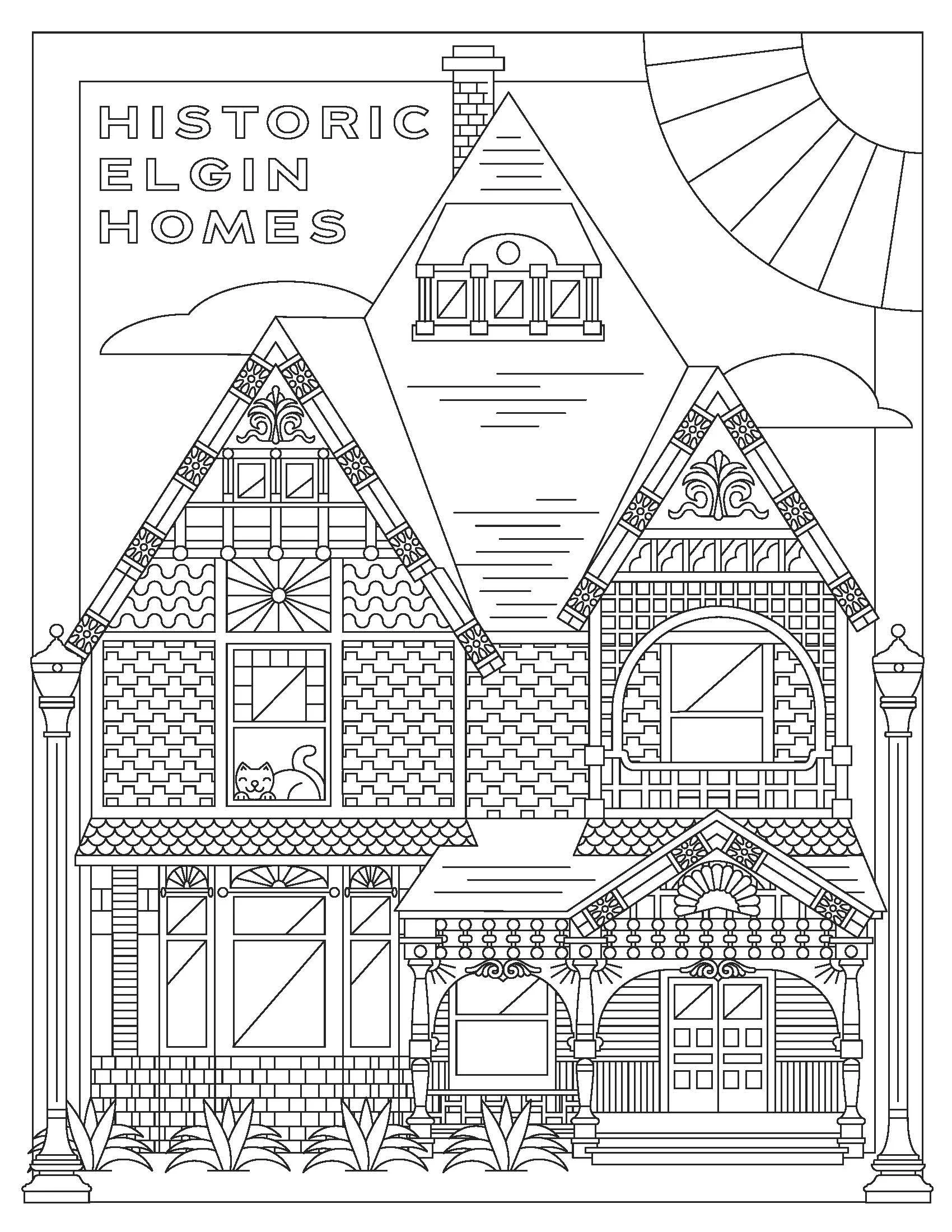 Coloring page of a historic Elgin home with detailed architecture, a chimney, a cat in a window, and the words 'Historic Elgin Homes' in the upper left corner.