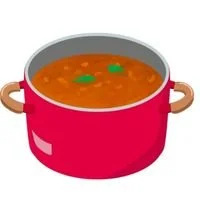 A red pot filled with a soup or stew with visible green herbs.