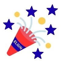 A fireworks-shaped cone with the word 'ELGIN' on it, surrounded by blue stars and yellow circles.