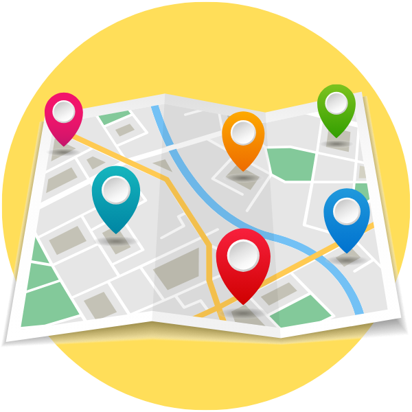 A folded map with colorful location markers and a blue river, on a yellow background.