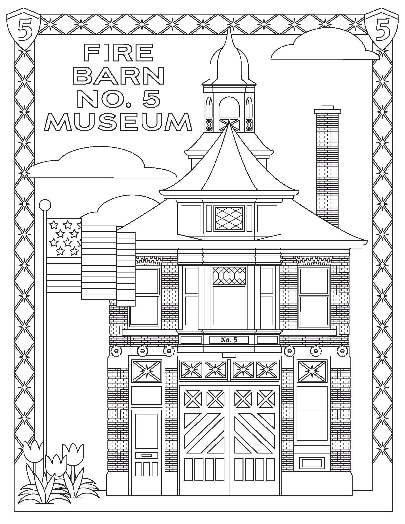 Coloring page of a fire station labeled 'Fire Barn No. 5 Museum' with a brick exterior, decorative windows, a garage door, a small sign with 'No. 5', an American flag, tulips in the foreground, a flagpole, clouds, and a chimney.