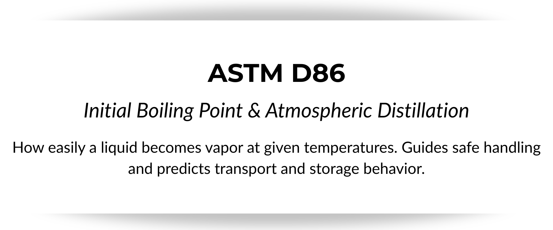 Cover page for ASTM D86 standard on initial boiling point and atmospheric distillation, describing how liquids become vapor at specific temperatures and guiding safe handling and transport.