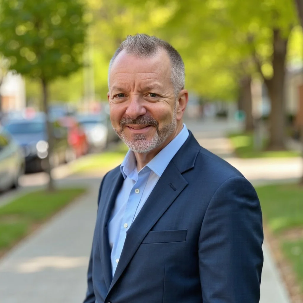 Man with short gray hair and beard wearing a blue suit jacket and light blue shirt, standing outdoors on a sidewalk with green trees and parked cars in the background