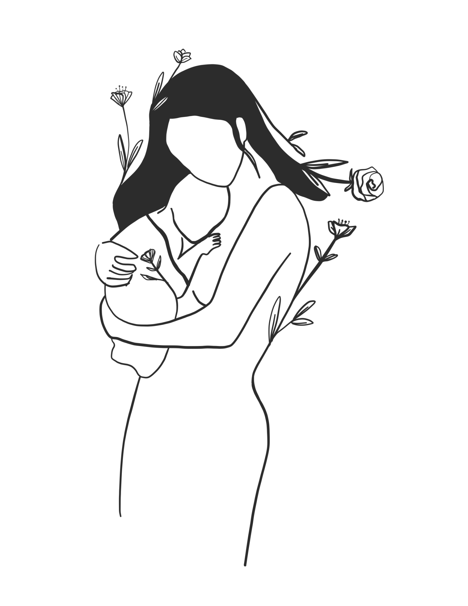 Line art of a woman holding a child, surrounded by flowers, with a faceless figure, in a minimalist style.