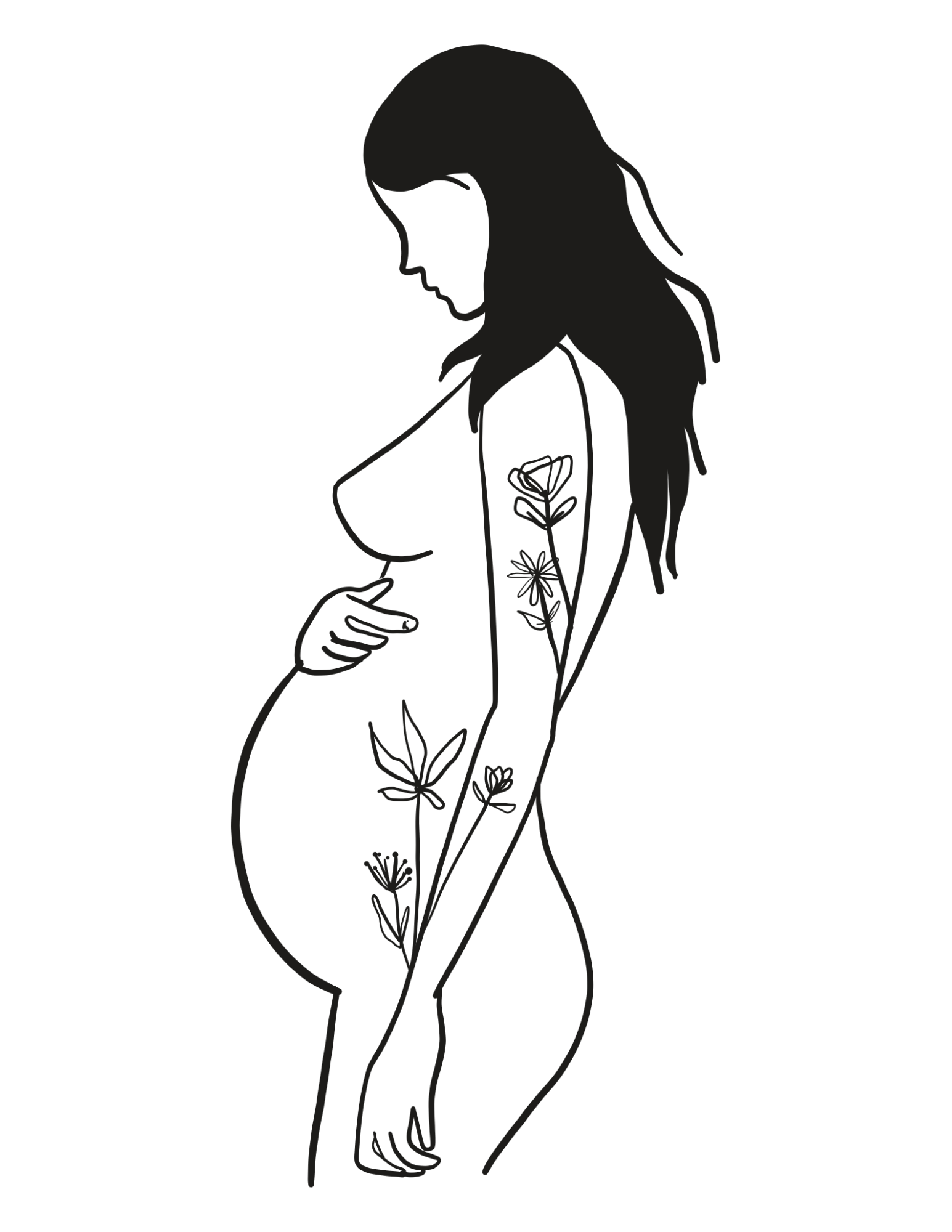 Line drawing of a pregnant woman with floral tattoos on her arm, holding her belly and looking down