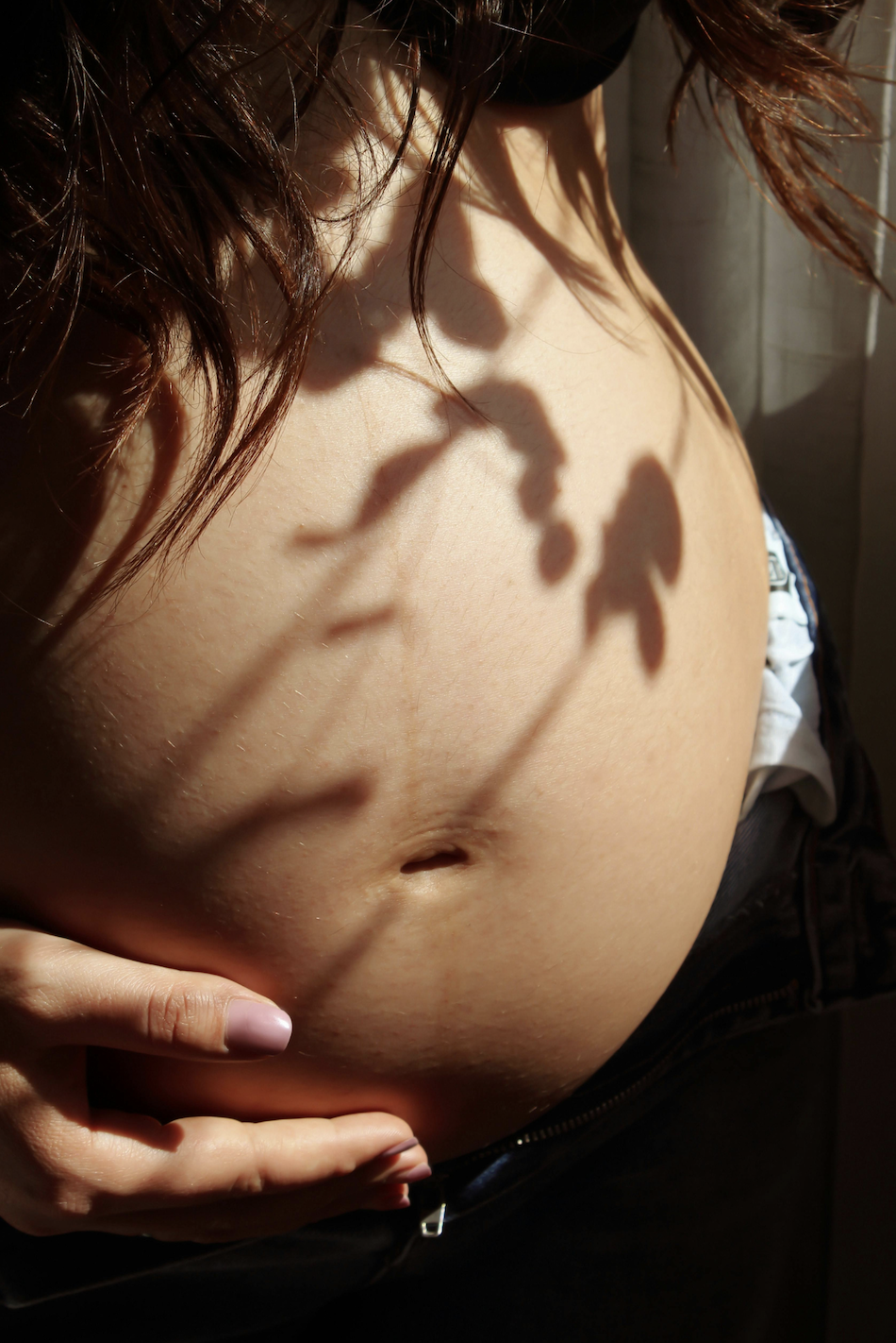 Close-up of a pregnant woman's belly, with sunlight creating shadows of a plant's leaves and stems on her skin. She has brown hair and her hand is resting on her lower abdomen.