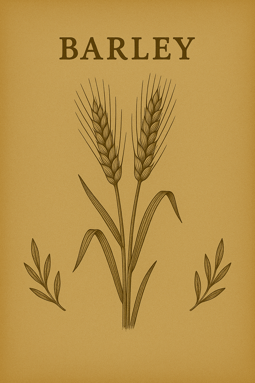 Illustration of a barley plant with wheat heads and leaves, above the word "BARLEY" on a yellow background.