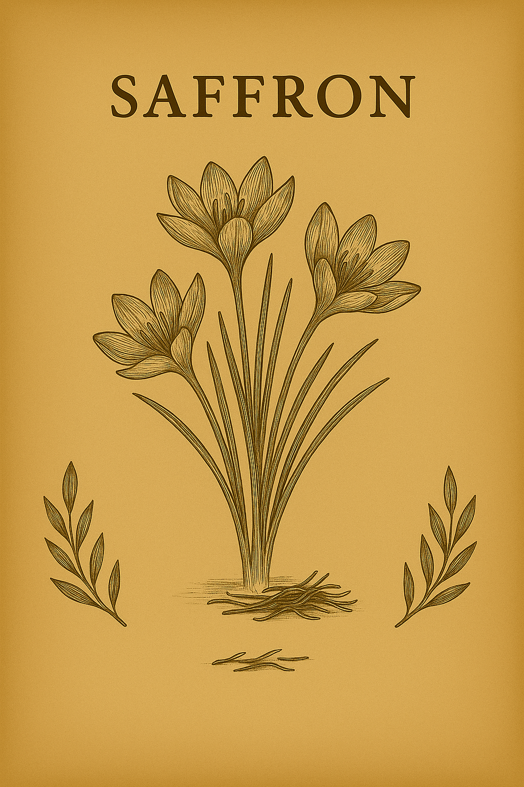 Illustration of a saffron plant with three flowering stalks and leaves, on a yellow background, with the word 'SAFFRON' at the top.