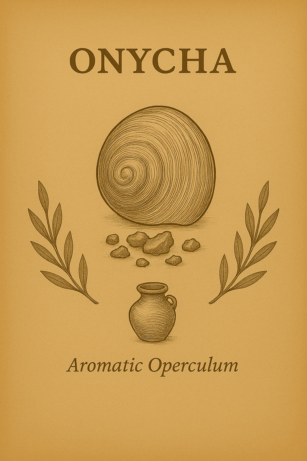 Package of ONYCHA aromatic operculum with a sketch of a shell, small rocks, a vase, and leaves.