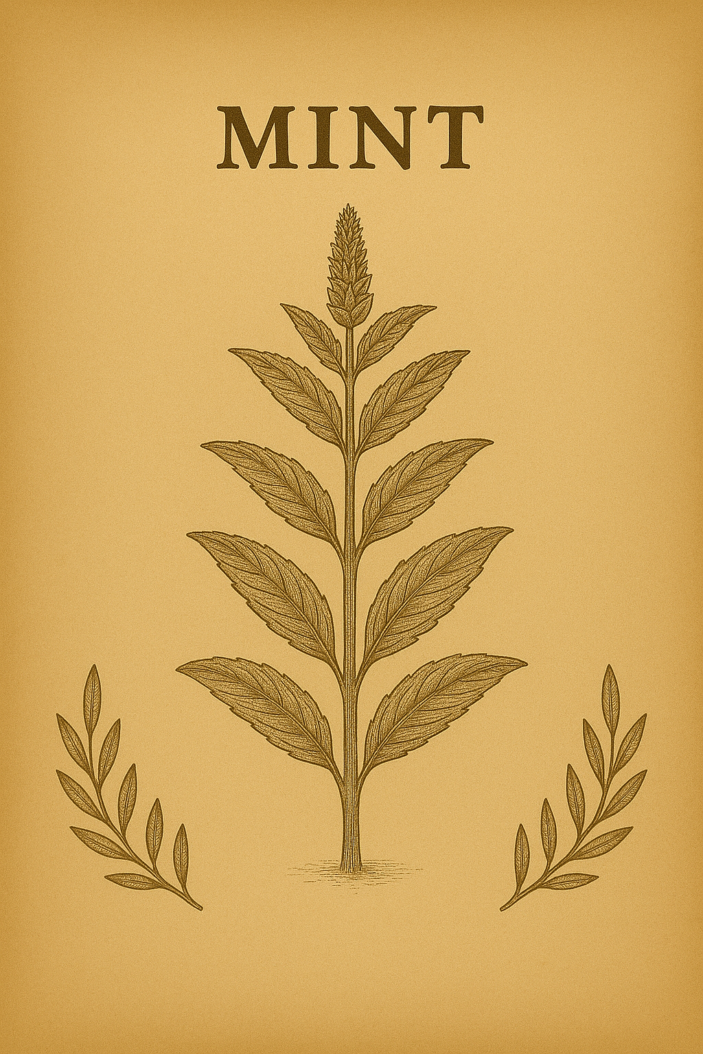 A botanical illustration of a mint plant with green leaves and a flowering spike, labeled 'MINT' at the top.