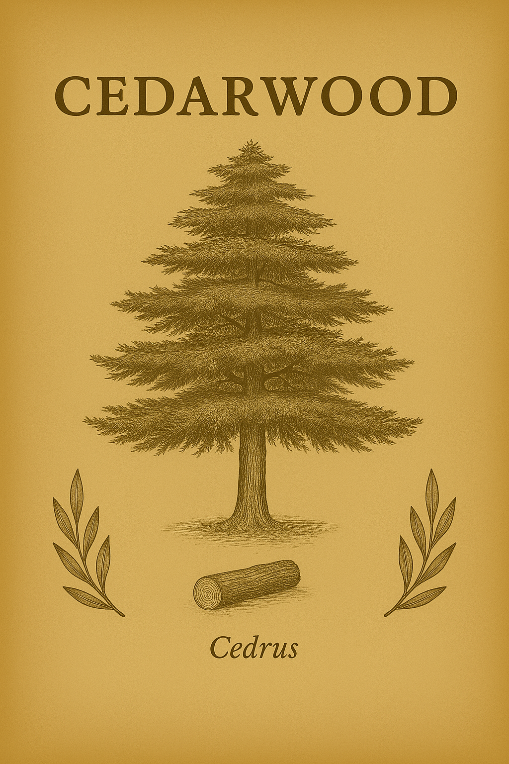 Illustration of a cedarwood tree with the word 'CEDARWOOD' at the top and 'Cedrus' at the bottom, with two cedarwood leaves and a cedarwood log underneath the tree.