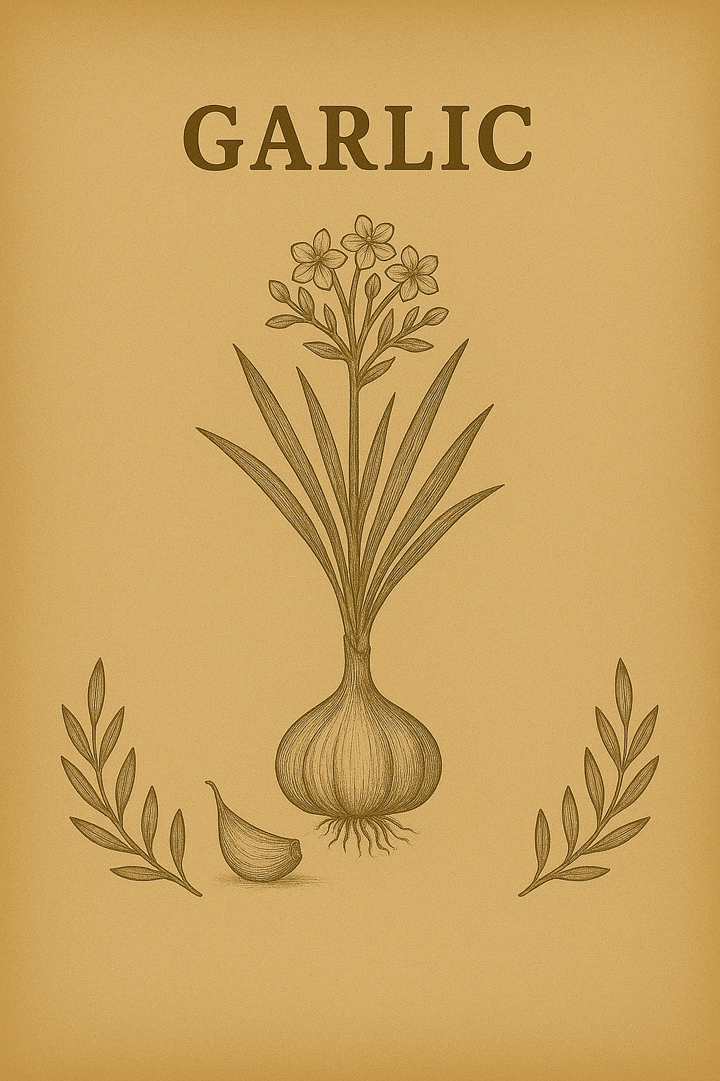 Illustration of an onion with leaves and flowers, the word 'GARLIC' above it, and decorative leaves on either side.