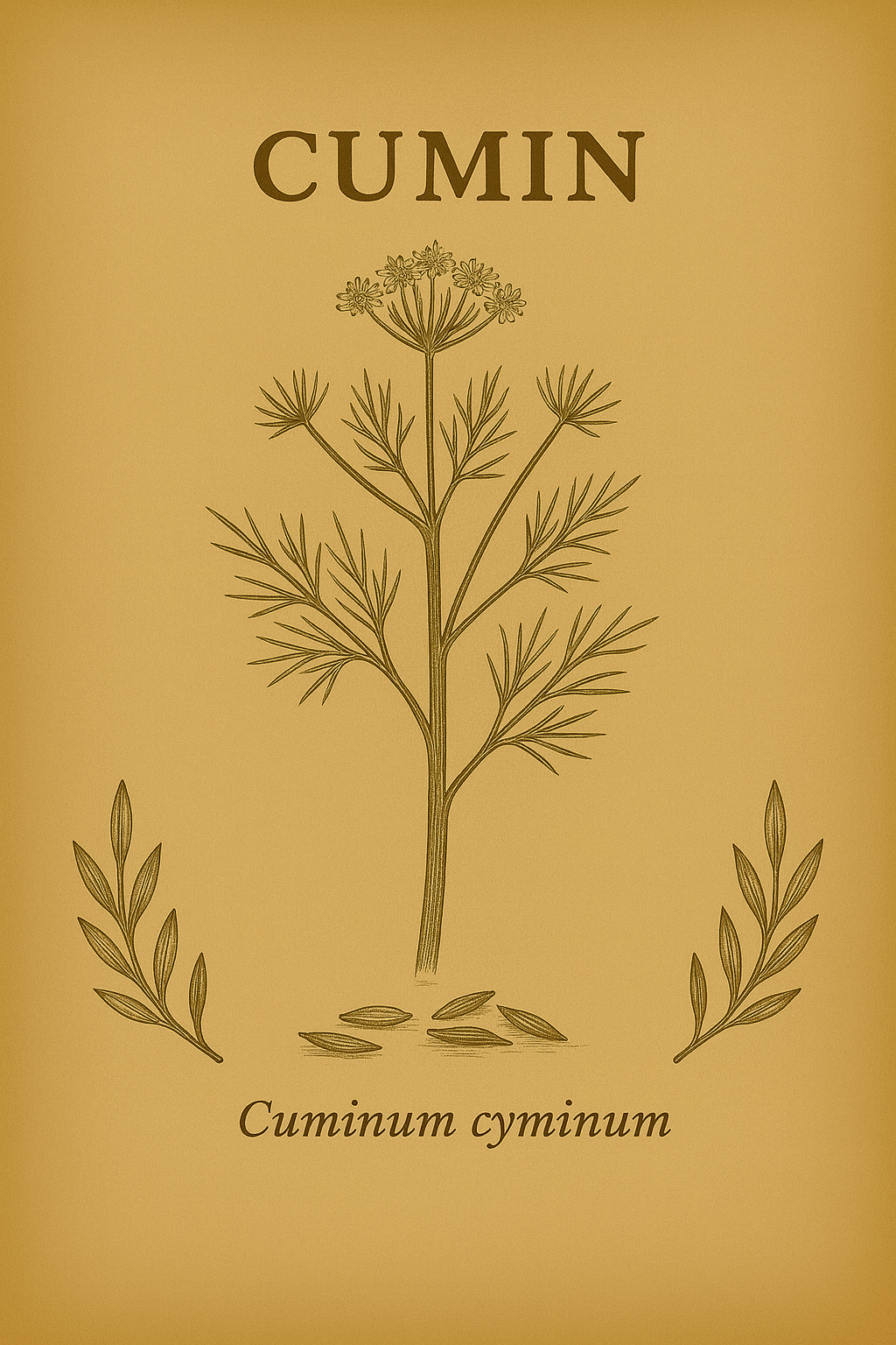 A packet with a yellowish background features the word 'CUMIN' at the top, an illustration of a cumin plant with leaves and flowers in the center, and the scientific name 'Cuminum cyminum' below.