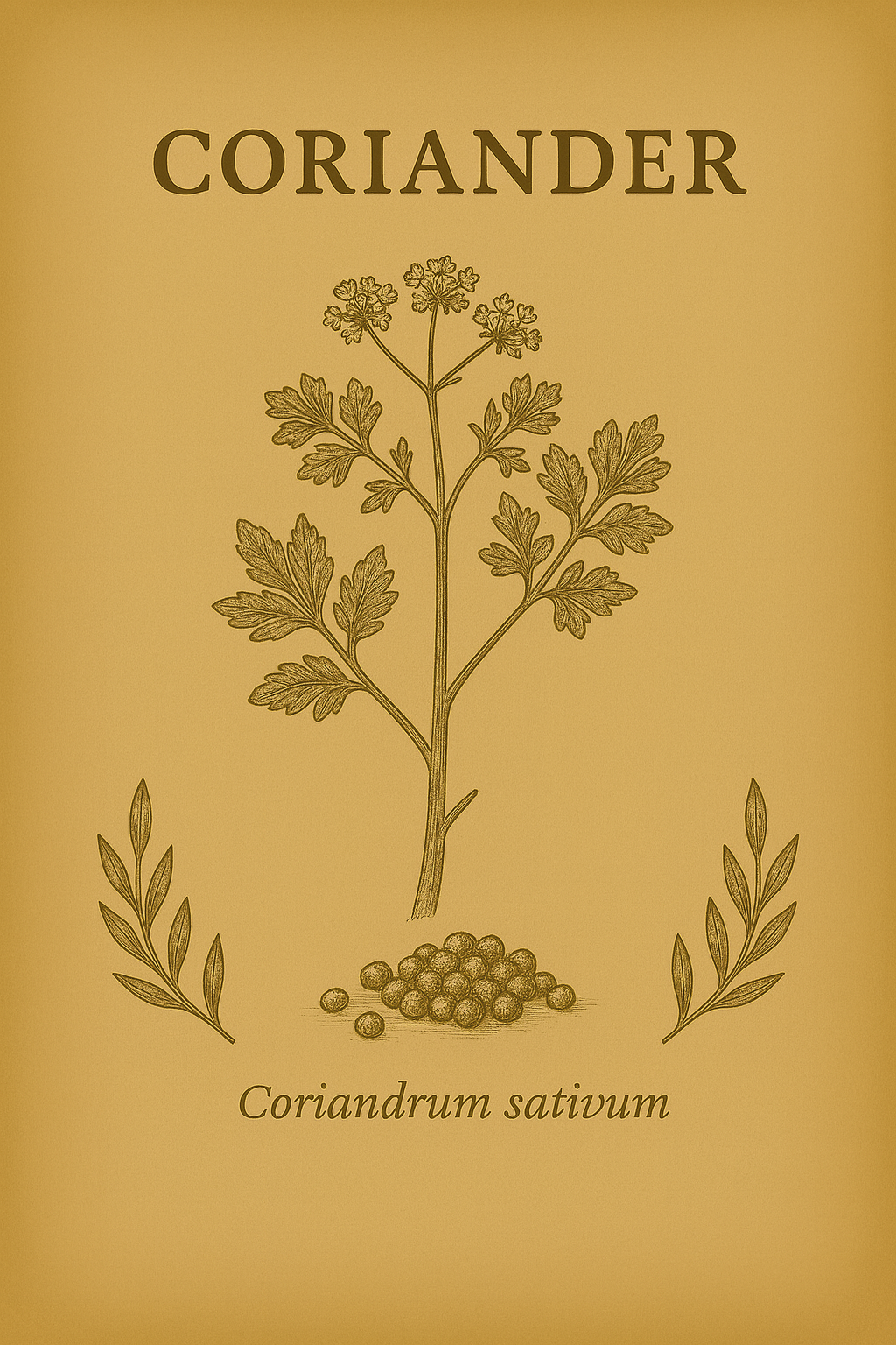 Yellow packaging with the word 'Coriander' in large letters, an illustration of a coriander plant with leaves and flowers, and a small pile of coriander seeds at the bottom, with the scientific name 'Coriandrum sativum' written below.