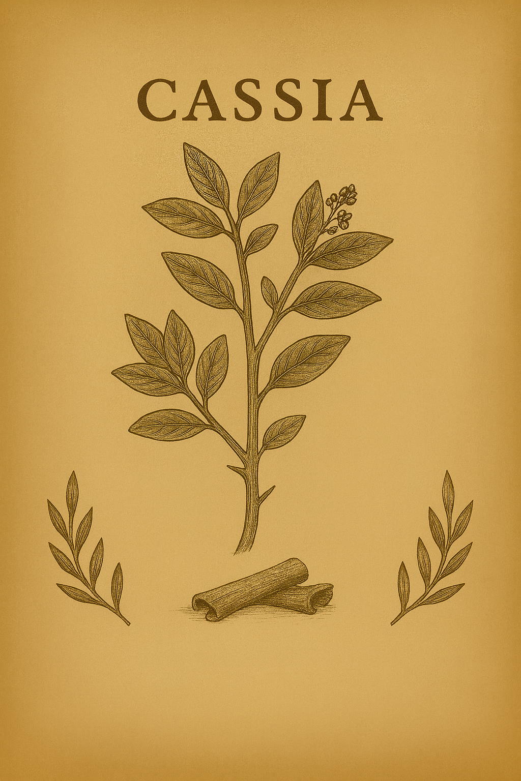 An illustration of a sprig of cassia with leaves and small flowers, and two cinnamon sticks below. The word 'CASSIA' appears above the illustration.