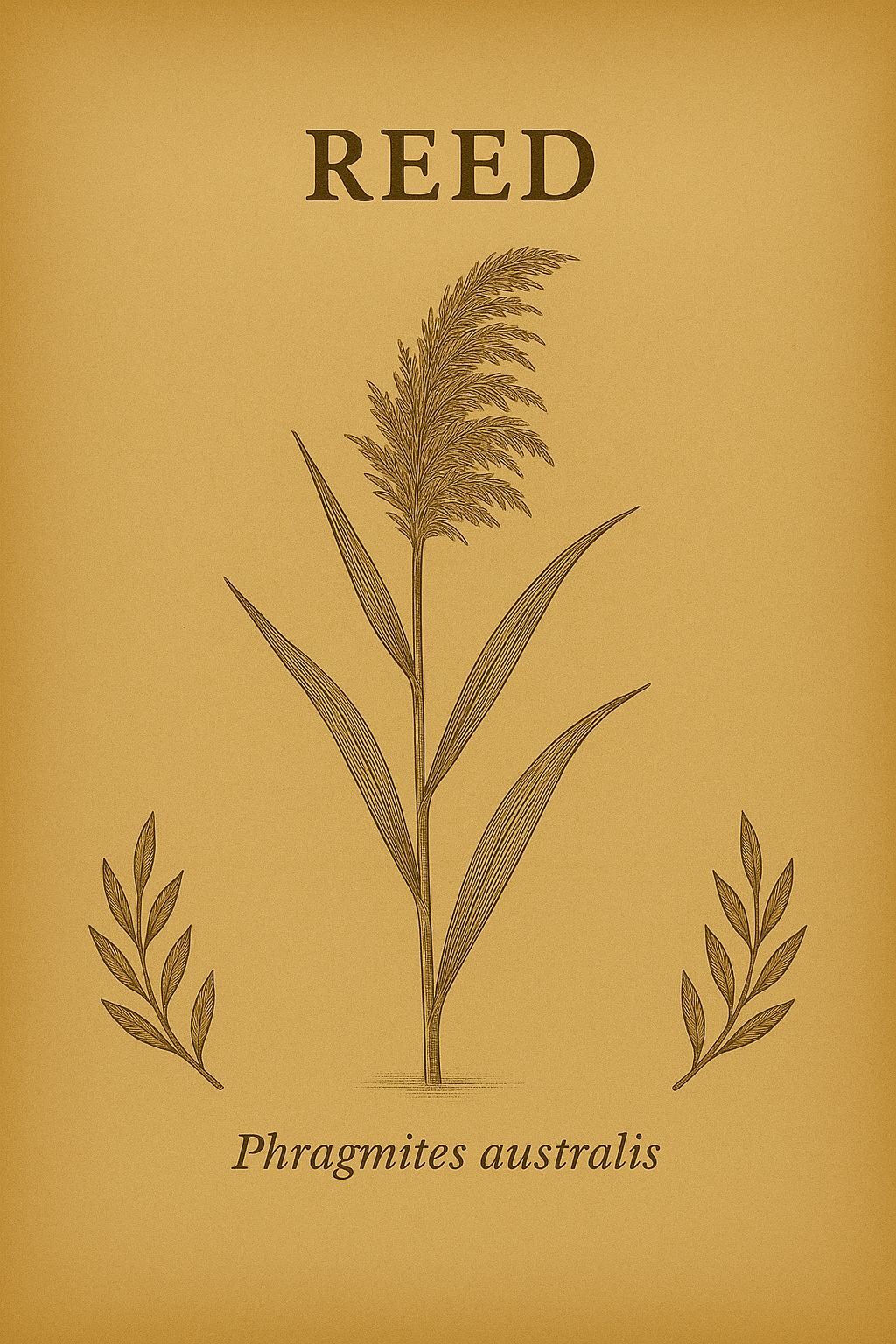 Illustration of a reed plant with long, narrow leaves and a feathery flower head, labeled 'REED' and 'Phragmites australis'.