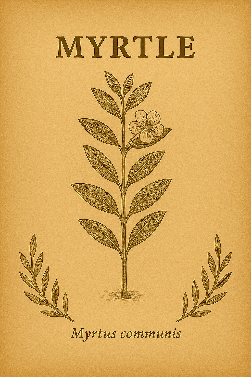 Illustration of a plant labeled "Myrtle" with the scientific name "Myrtus communis" below, featuring a single flowering branch with leaves and a flower, set against a beige background.