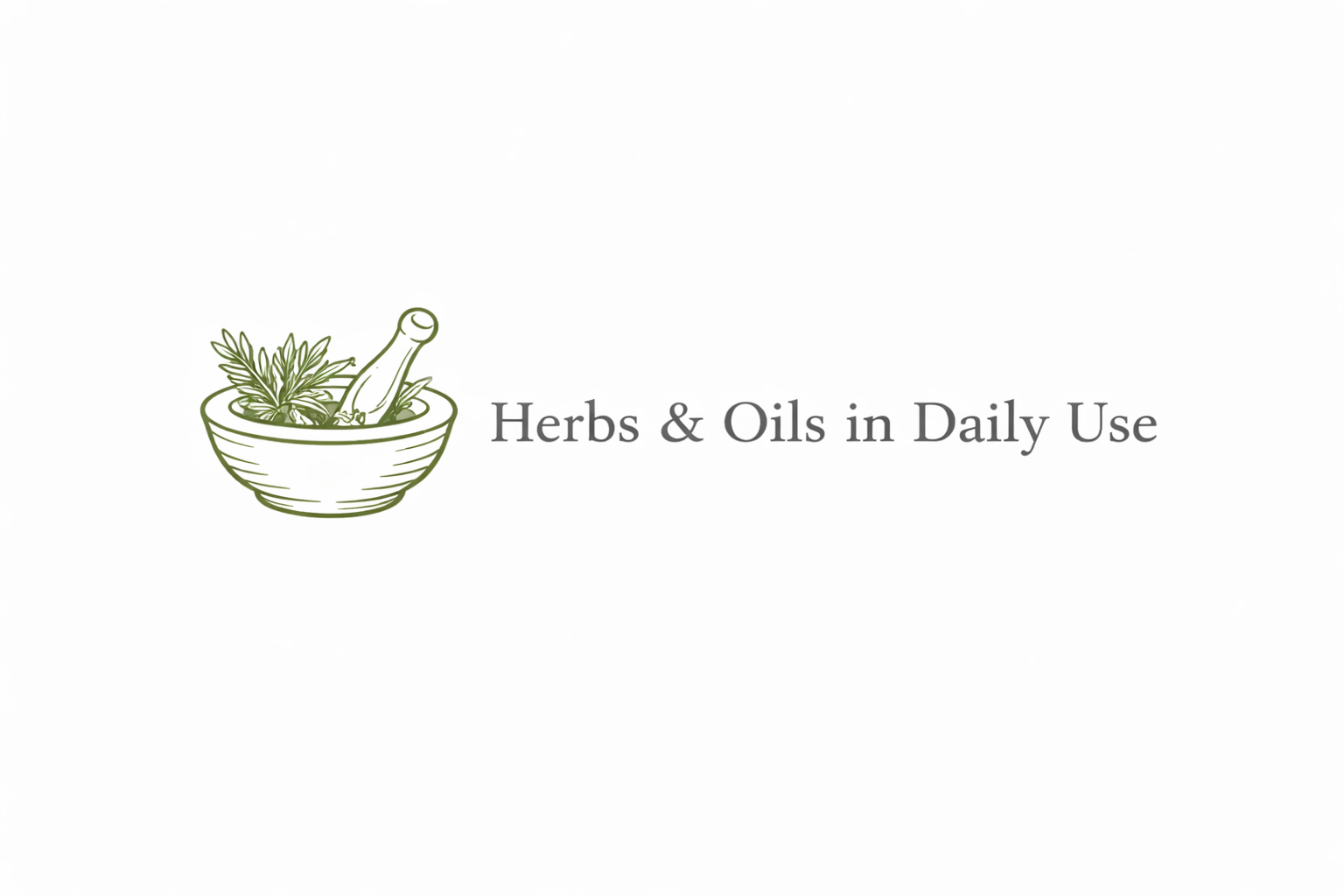 Illustration of a mortar and pestle with herbs inside, accompanied by the text 'Herbs & Oils in Daily Use'.