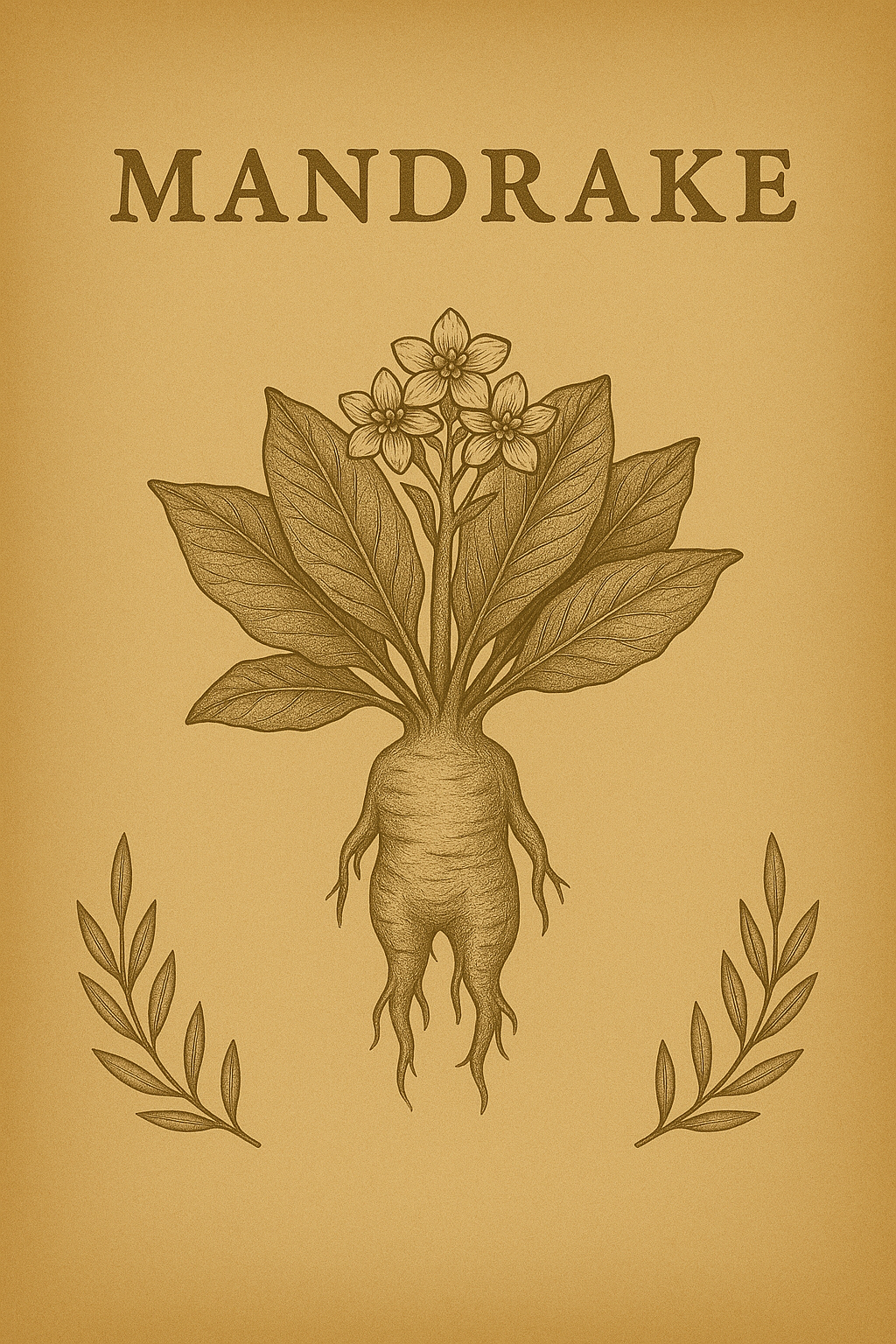 Illustration of a mandrake plant with a human-like root, leaves, and flowers, with the word 'MANDRAKE' at the top.