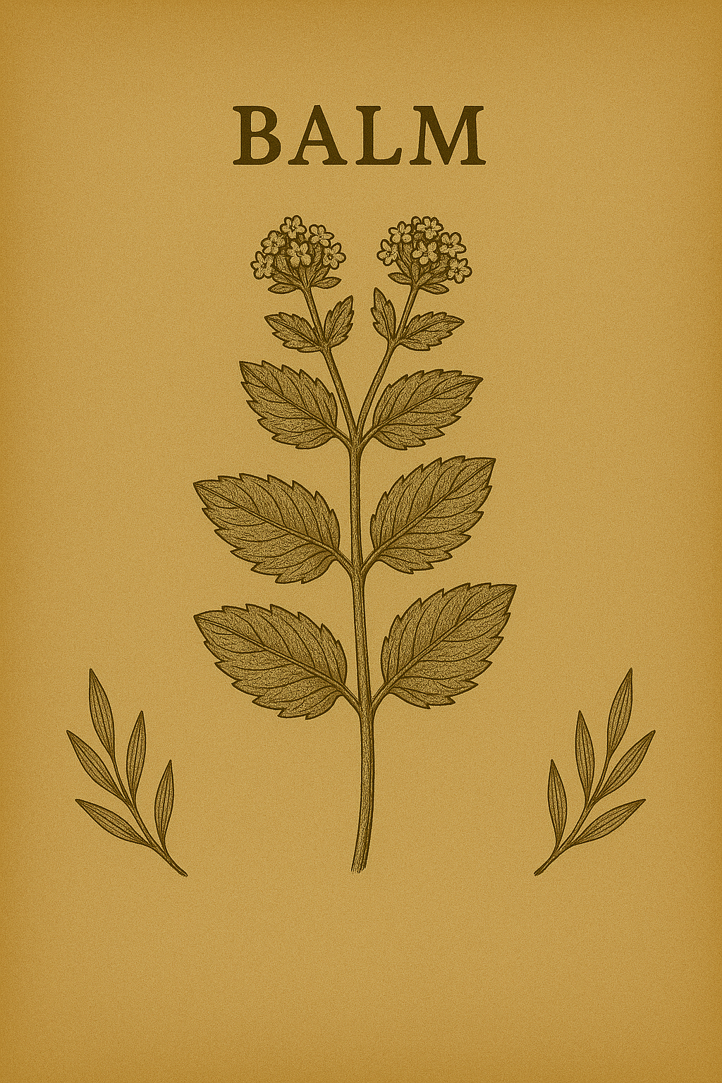 Illustration of a mint plant with green leaves and small flowers, labeled 'BALM' at the top.