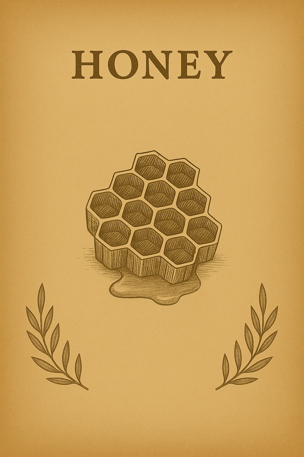 Drawing of a honeycomb with honey dripping from it, flanked by olive branches and the word 'HONEY' at the top