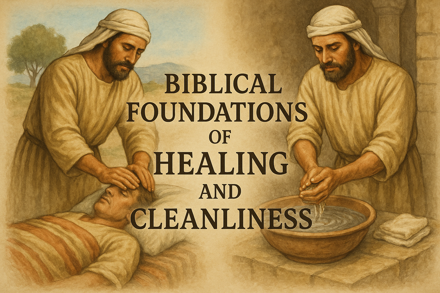 Artwork depicting biblical scenes related to healing and cleanliness, with two men in robes performing healing activities on a bedridden person, set against a natural landscape background.
