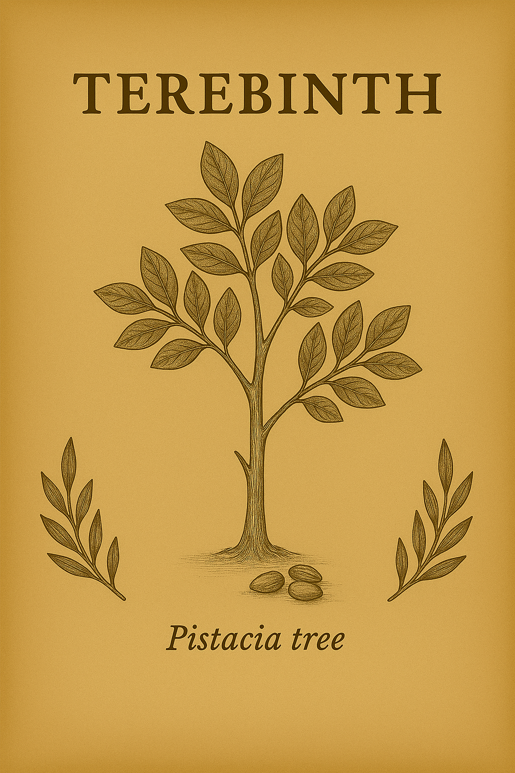 A botanical illustration of a Pistacia tree with leaves and seeds, with the title "Terebinth" and the subtitle "Pistacia tree."