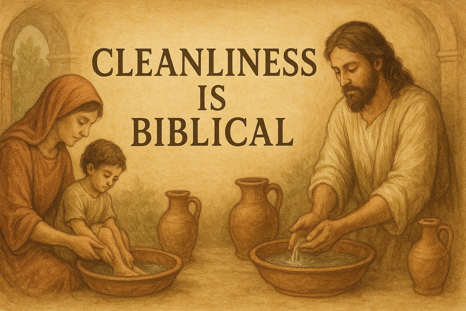 Drawing of Jesus Christ washing the feet of a woman and a child, with the words 'Cleanliness is Biblical' written above.