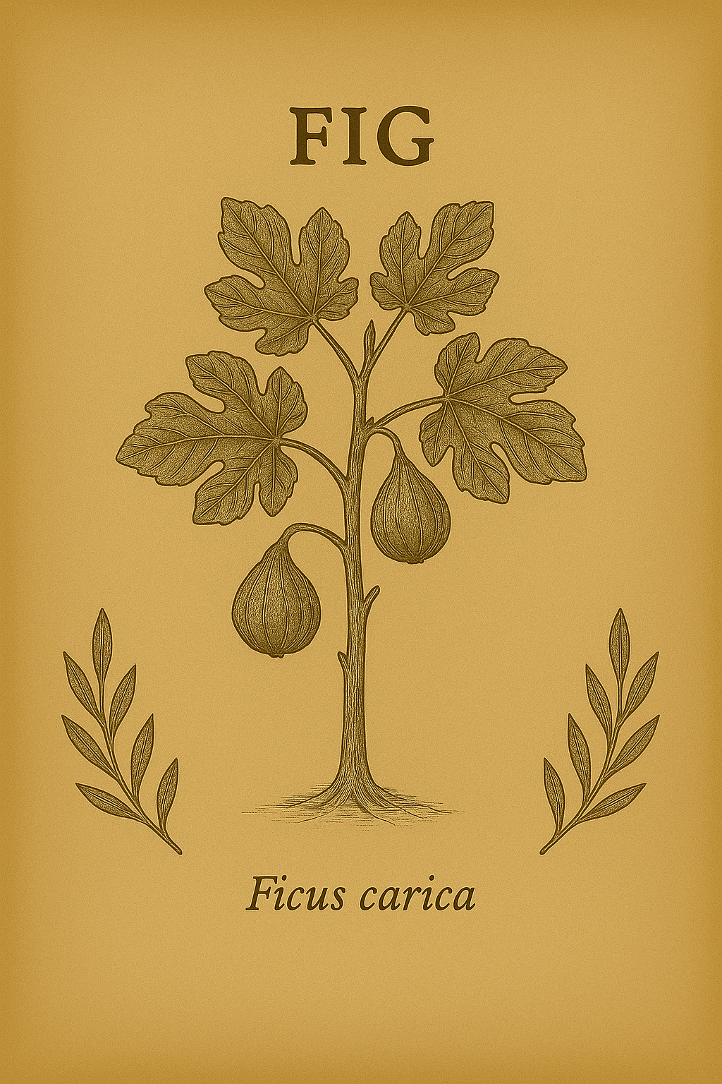 A botanical illustration of a fig tree with leaves and fruit, labeled 'FIG' at the top and 'Ficus carica' at the bottom.