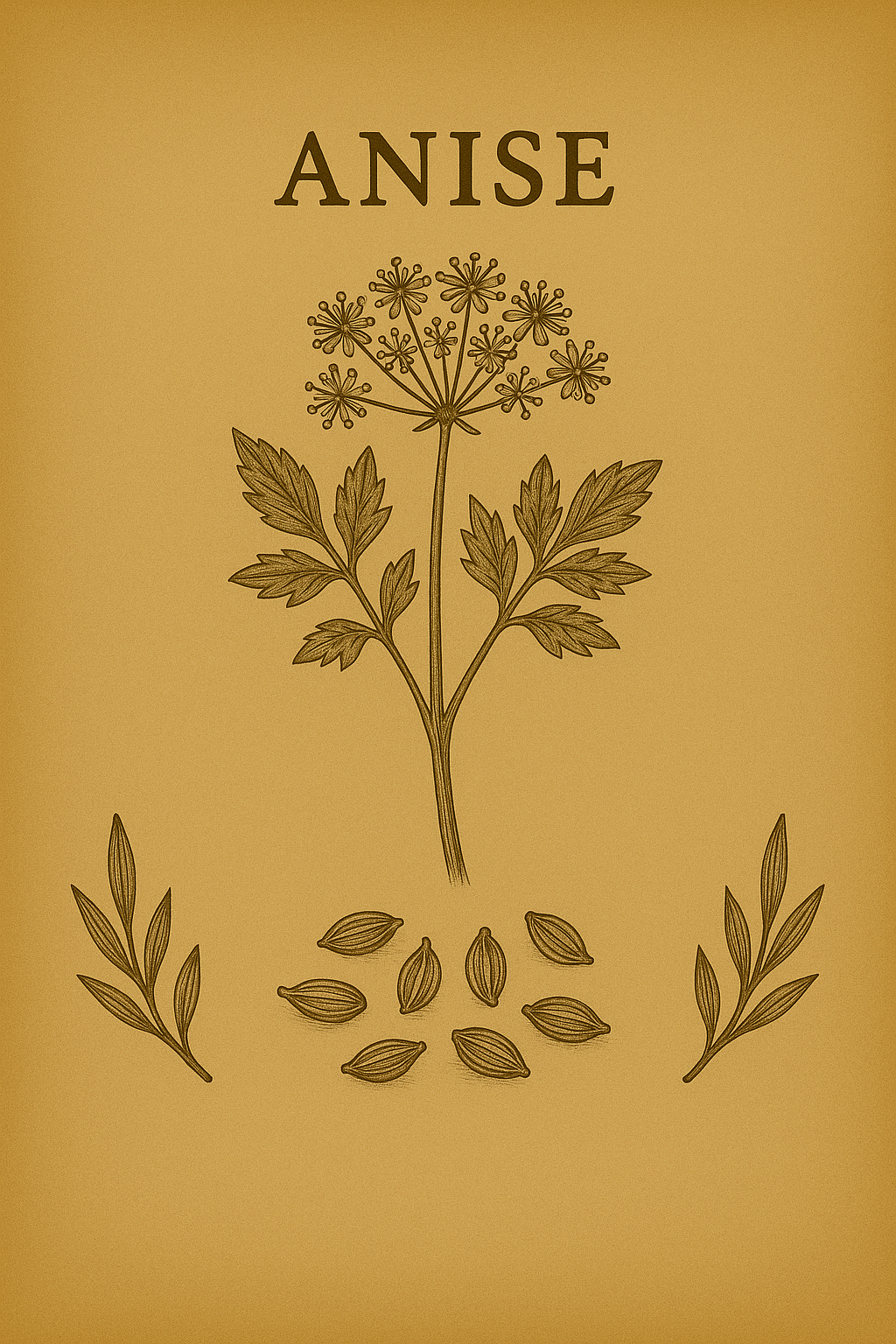 Illustration of anise plant with leaves, seeds, and flowering top, labeled 'ANISE' at the top.