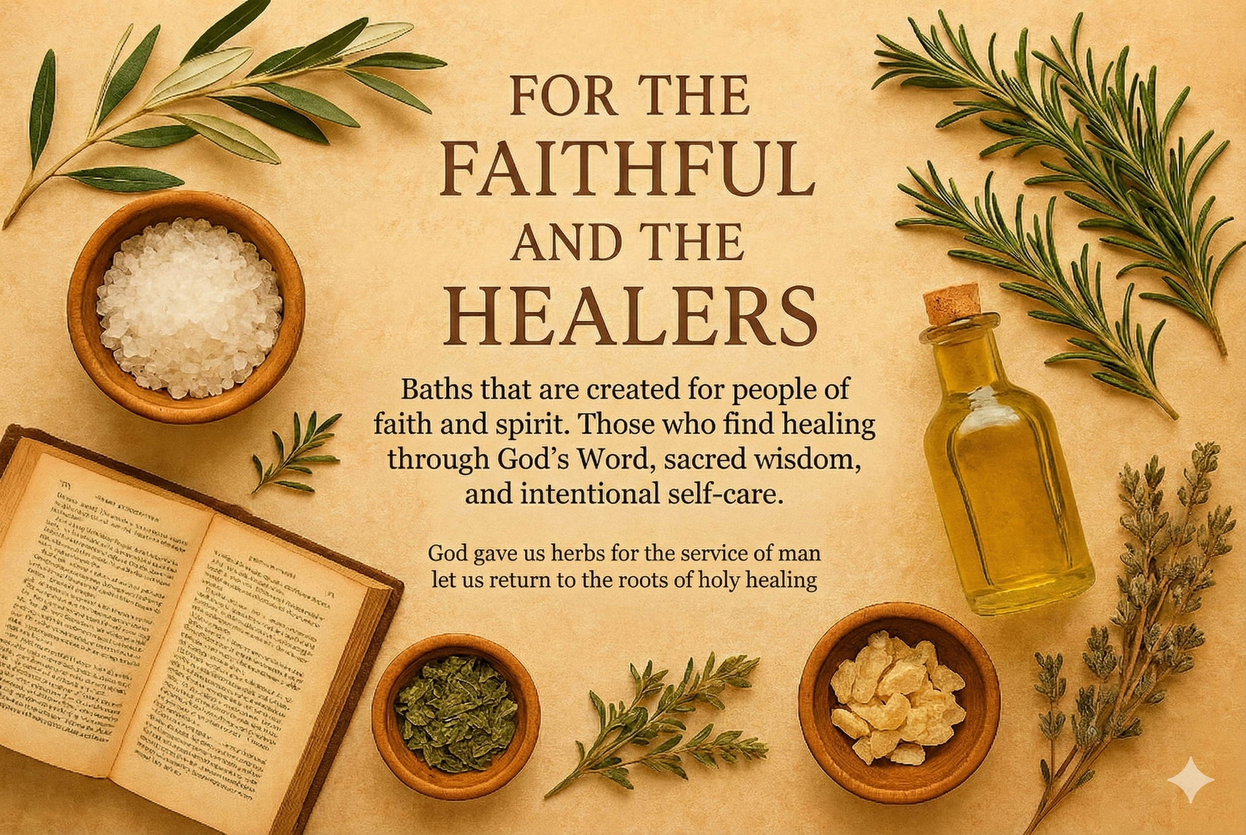 Decorative flat lay of herbal bath ingredients including a small bowl of sea salt, a small bowl of dried herbs, a small bowl of bath salts, a glass bottle of essential oil, and sprigs of rosemary and other herbs, with an open book and text about faith-based healing baths.