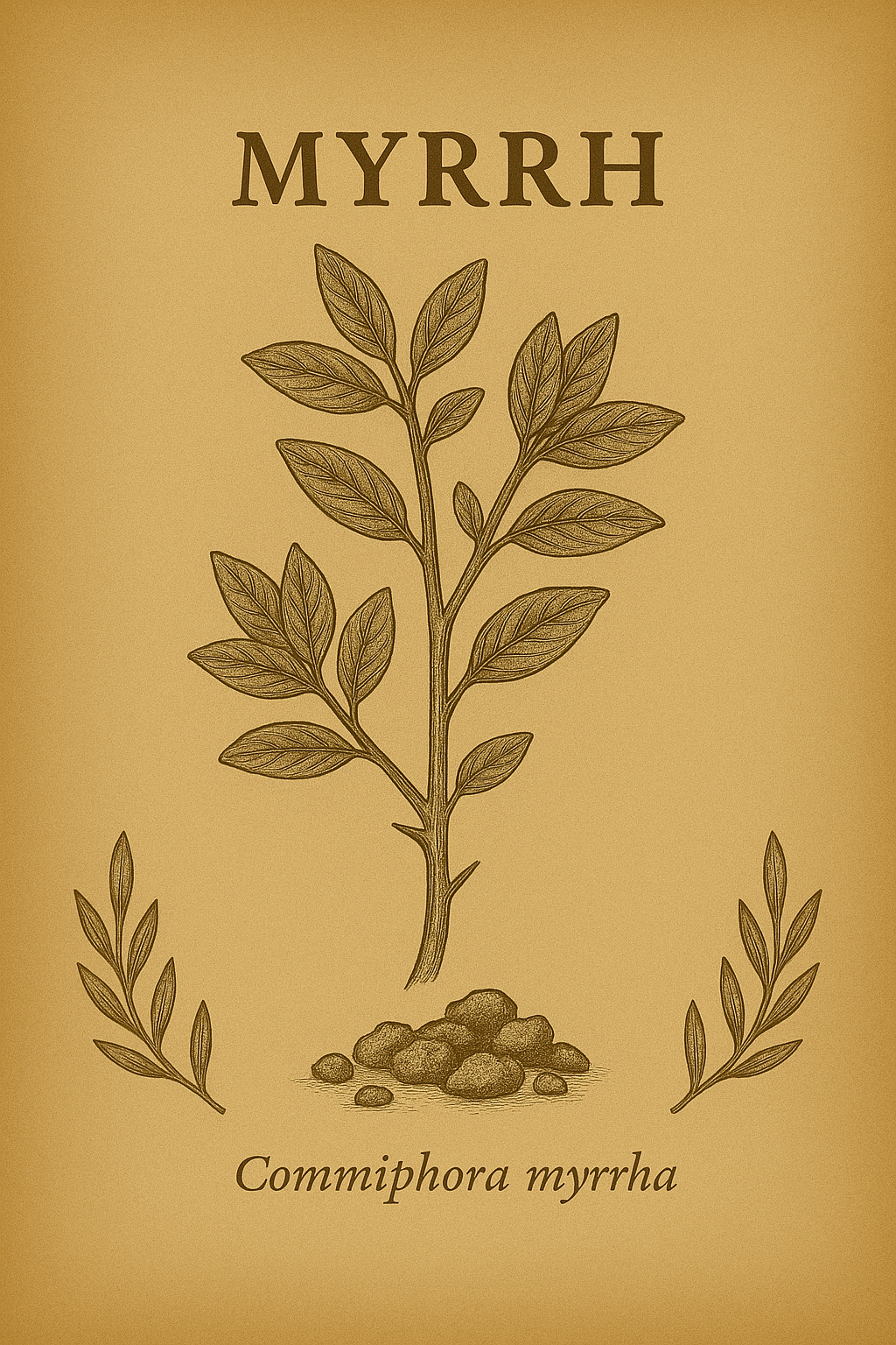 Drawing of a plant with green leaves, labeled MYRRH, with rocks underneath, and the scientific name Commiphora myrrha written below.