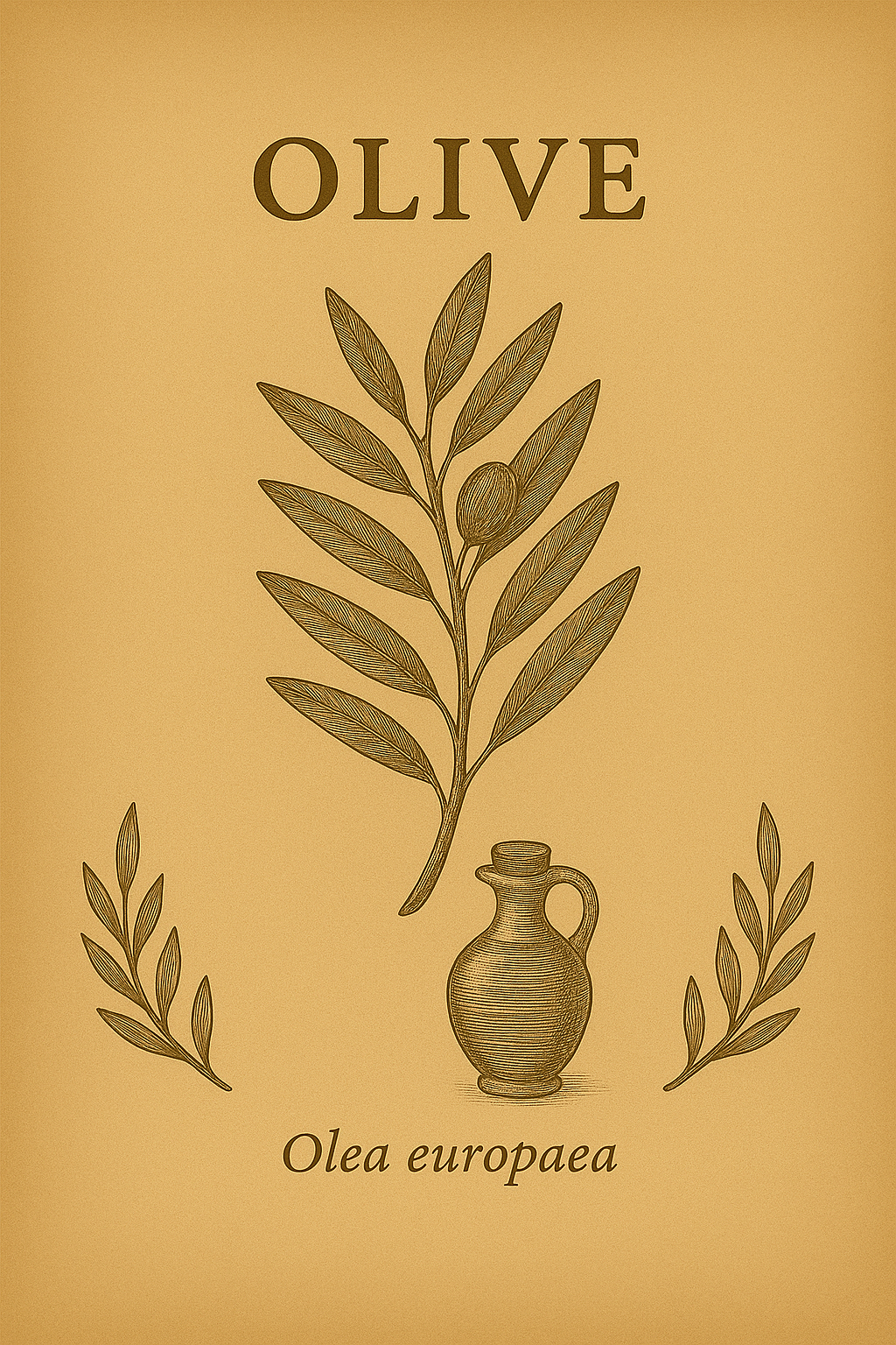 Drawing of an olive branch with leaves and an olive fruit, a small pitcher below, and the word "OLIVE" at the top, with "Olea europaea" beneath.