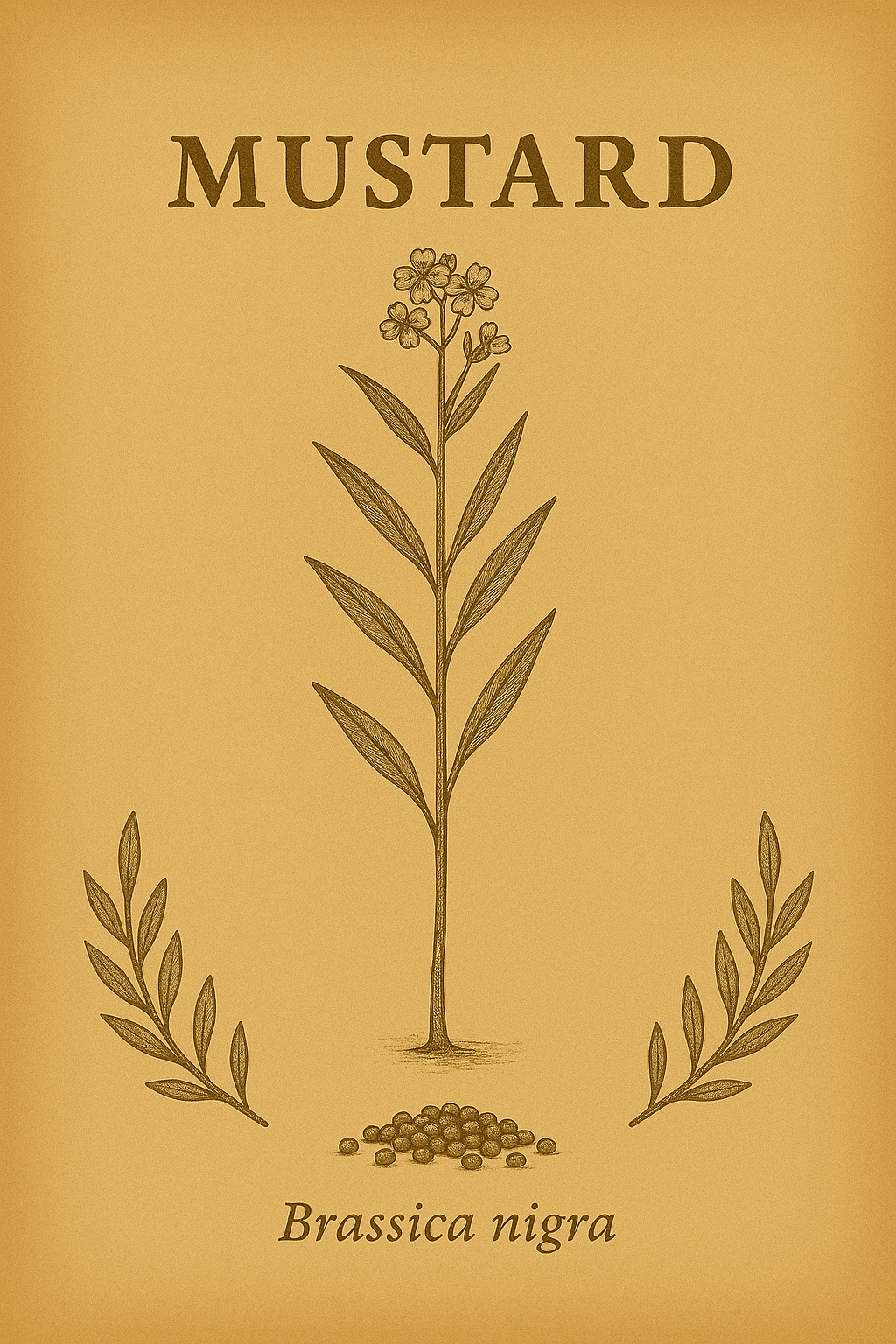 A botanical illustration of a mustard plant with the word 'MUSTARD' at the top and 'Brassica nigra' below the plant, set against a beige background.