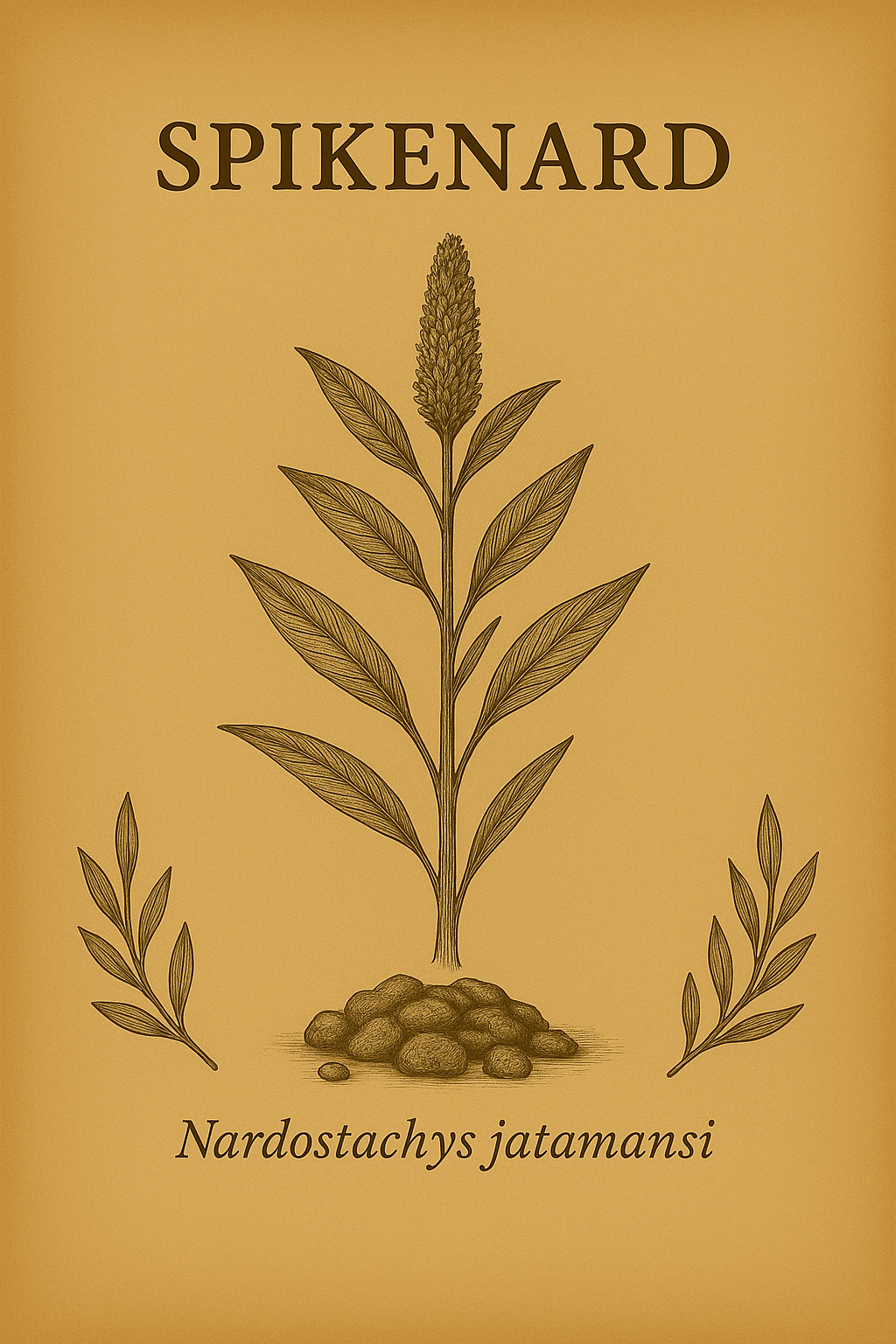 Illustration of a plant with leaves and a flower spike, surrounded by smaller leaves and rocks at its base, on a yellow background with the word "SPIKENARD" at the top and "Nardostachys jatamansi" at the bottom.