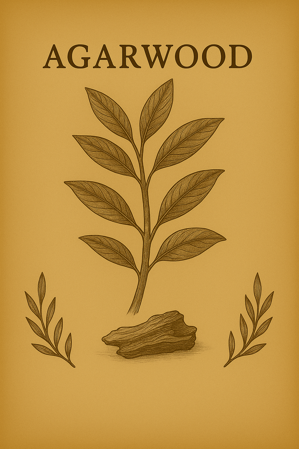 Illustration of a plant with multiple green leaves, labeled as 'Agarwood' with a piece of resin or wood at the base, on a beige background.