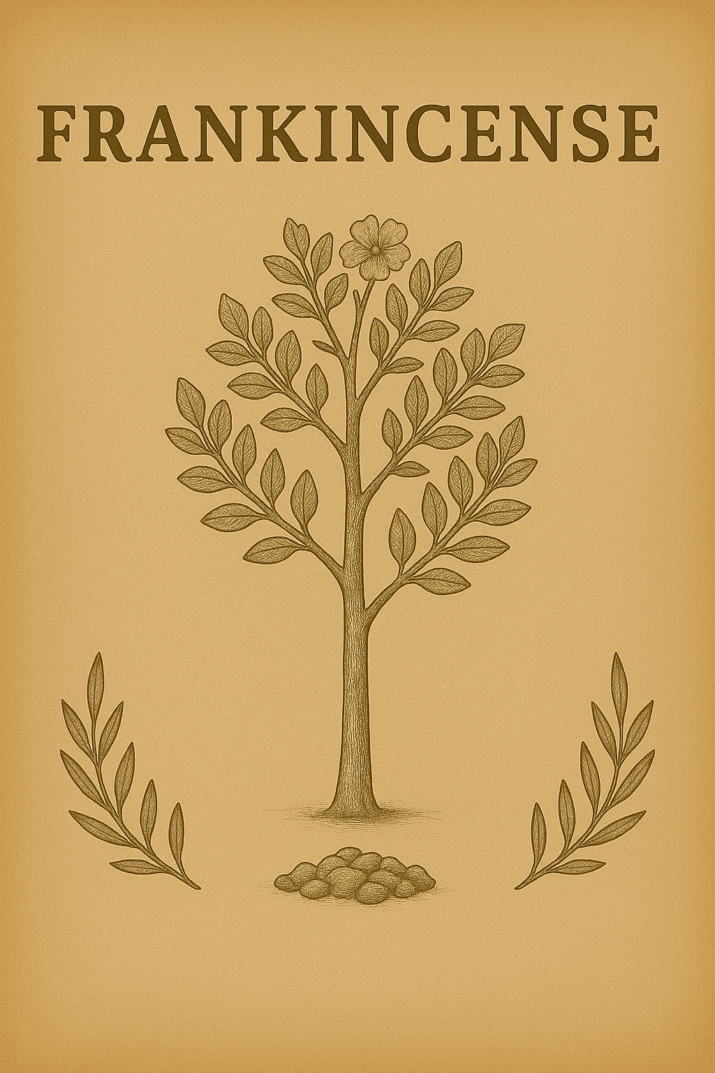 Book cover for 'Frankincense' featuring an illustration of a frankincense tree with leaves and resin on the ground, in gold tones.