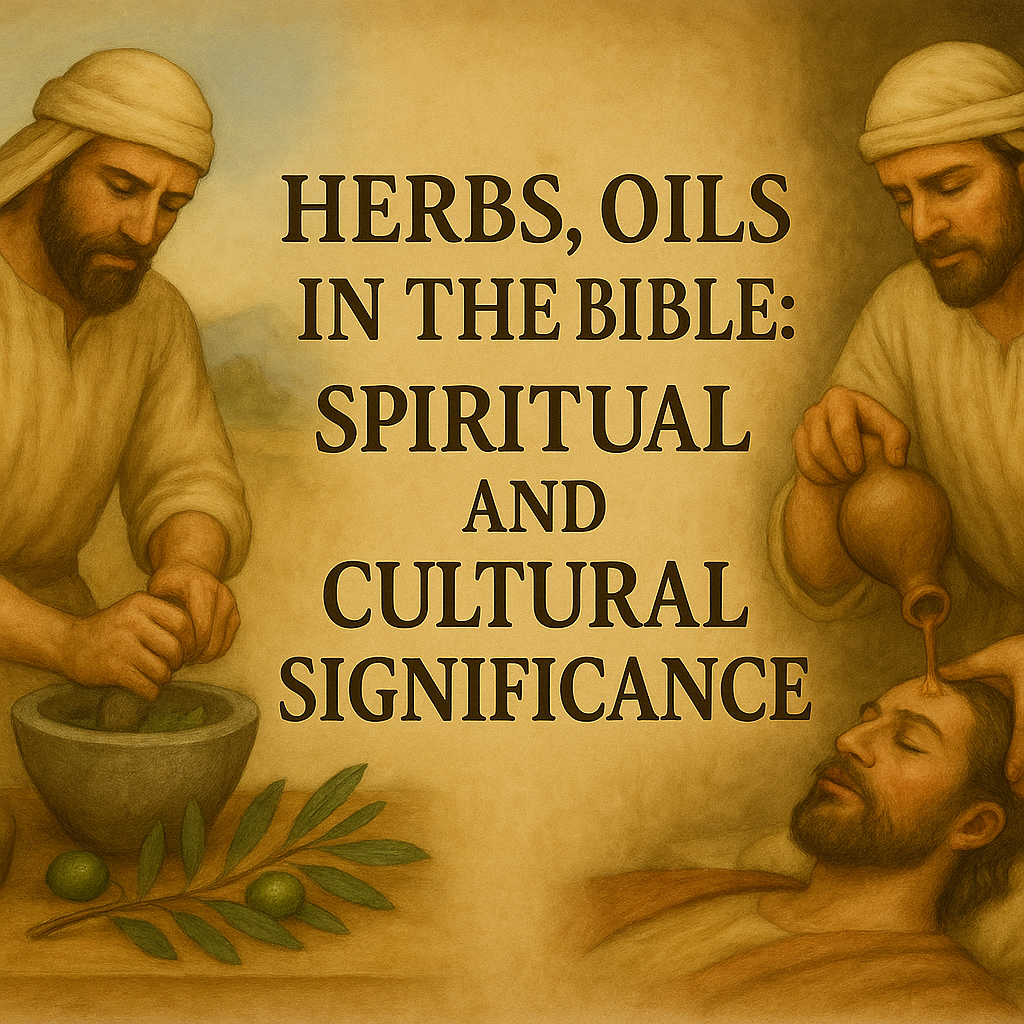 Painting of Jesus receiving oil on his forehead while others prepare herbs and oil, with a background message on herbs, oils, and their significance in the Bible.